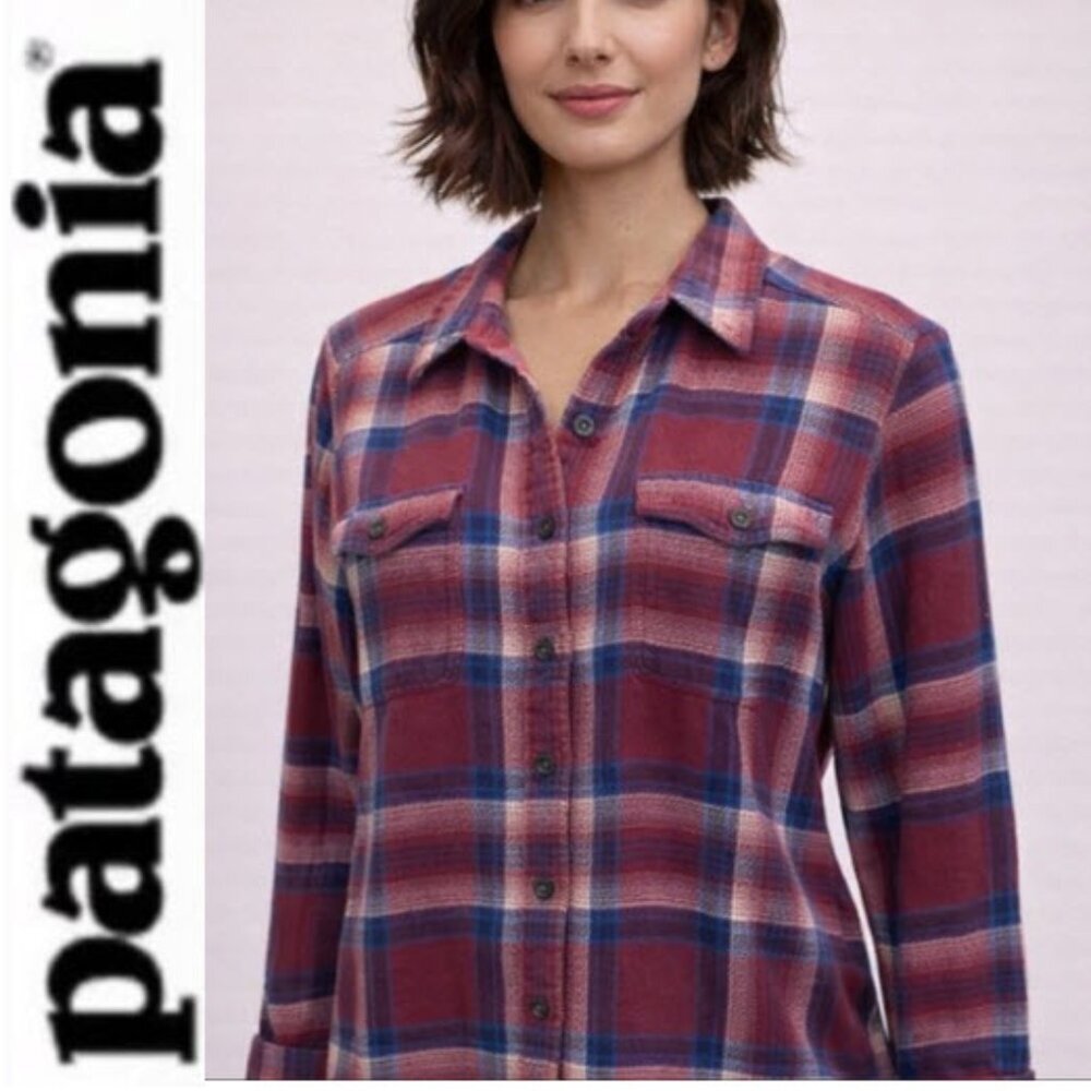 Patagonia Plaid Organic Cotton Button Up Flannel Red Blue Shirt Size 10